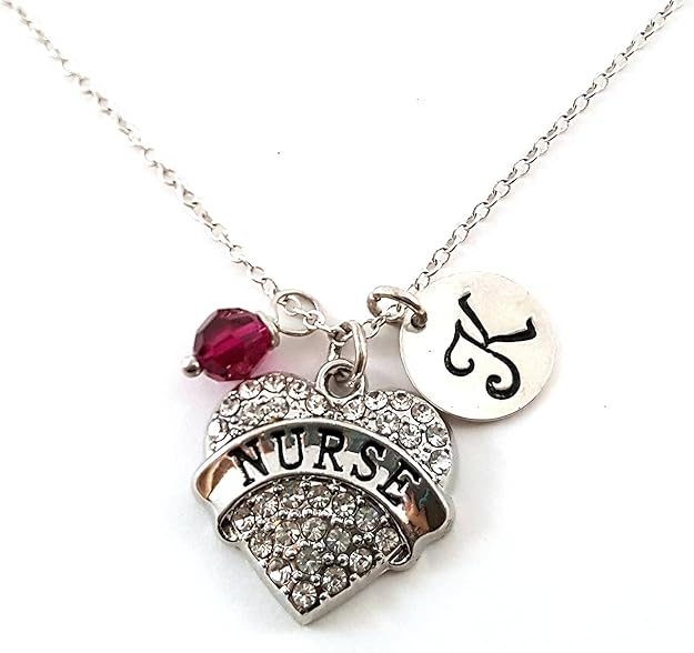 Sparkly Nurse Necklace with Birthstone Crystal & Initial Charm – Sterling Silver 18" Chain – Personalized Nurse Gift