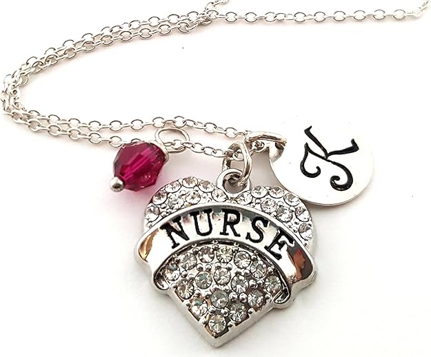 Sparkly Nurse Necklace with Birthstone Crystal & Initial Charm – Sterling Silver 18" Chain – Personalized Nurse Gift
