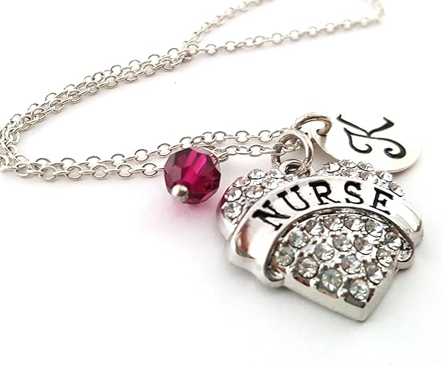 Sparkly Nurse Necklace with Birthstone Crystal & Initial Charm – Sterling Silver 18" Chain – Personalized Nurse Gift