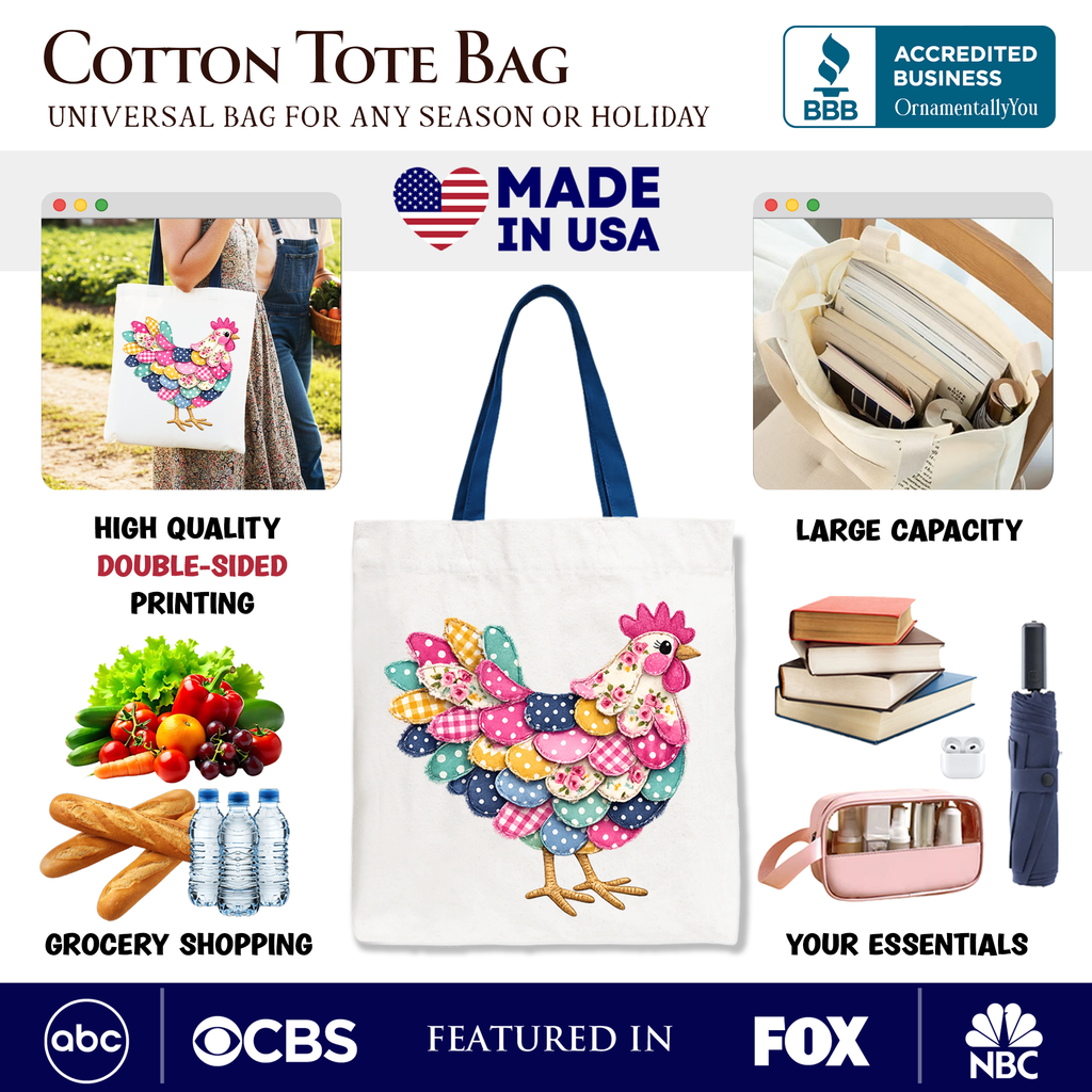 Floral Chicken Printed Farmhouse Faux Patchwork Canvas Tote Bag Reusable