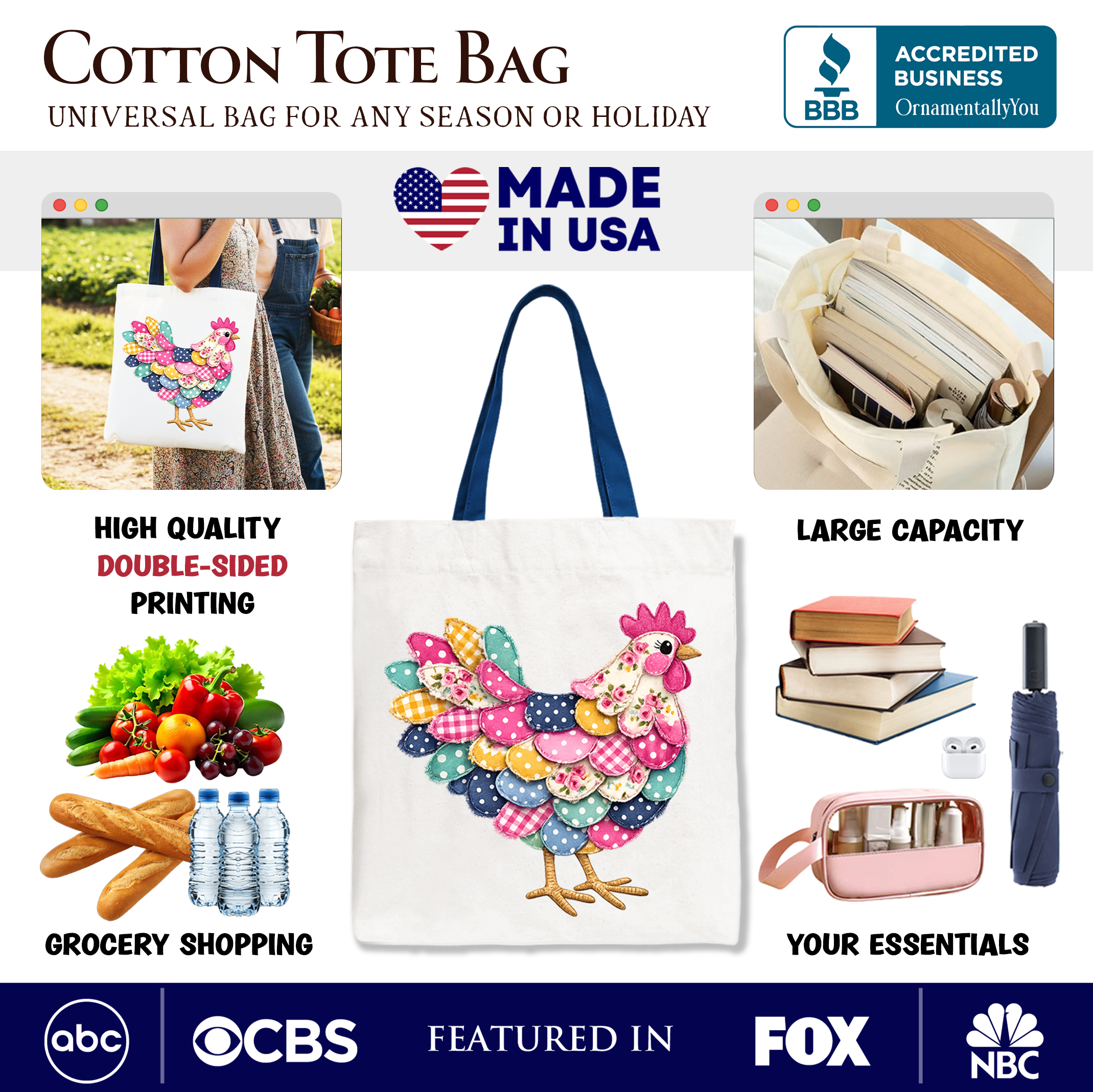 Floral Chicken Printed Farmhouse Faux Patchwork Canvas Tote Bag Reusable