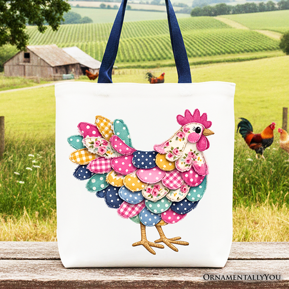 Floral Chicken Printed Farmhouse Faux Patchwork Canvas Tote Bag Reusable