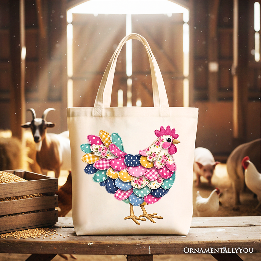 Floral Chicken Printed Farmhouse Faux Patchwork Canvas Tote Bag Reusable