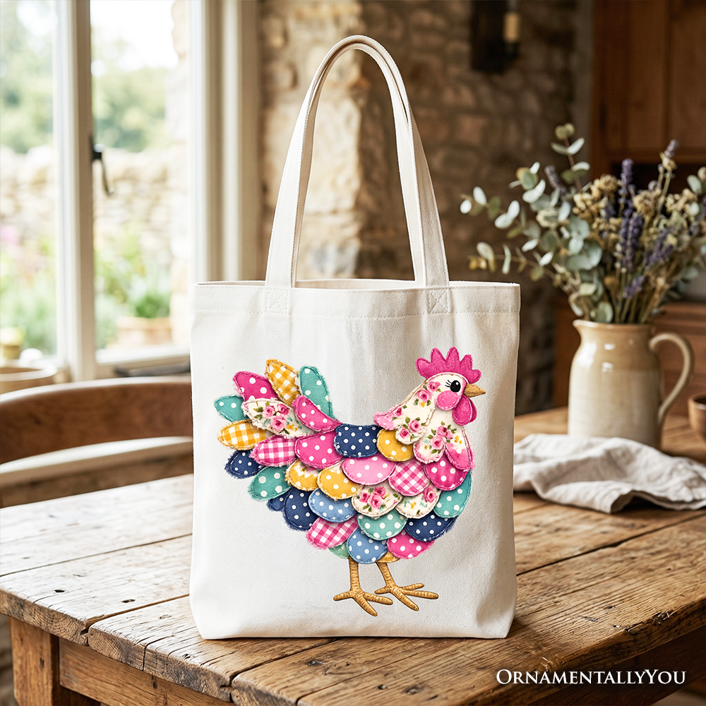 Floral Chicken Printed Farmhouse Faux Patchwork Canvas Tote Bag Reusable