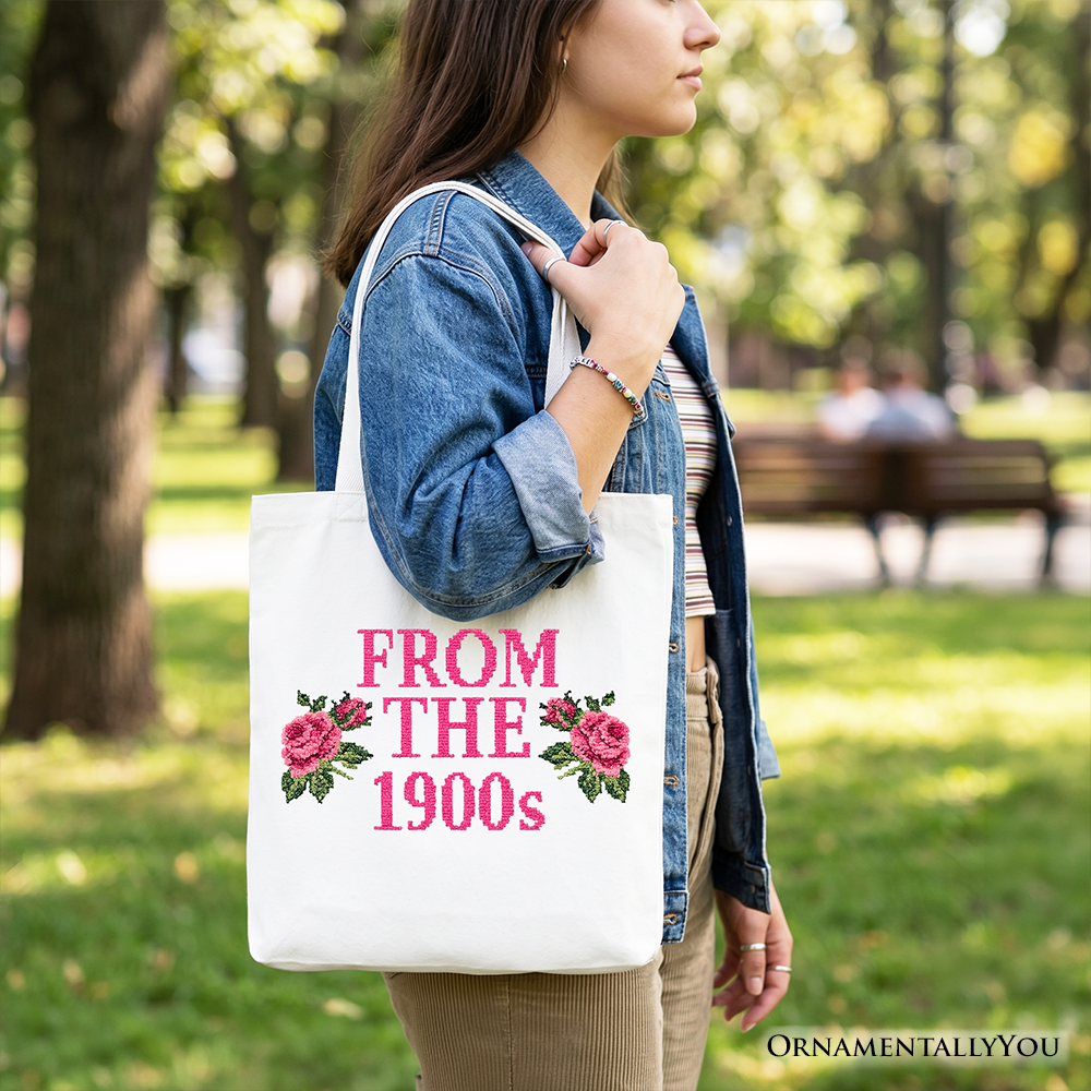 From The 1900s Floral Printed Faux Embroidery Tote Bag, Sarcastic Vintage Gift Shopper