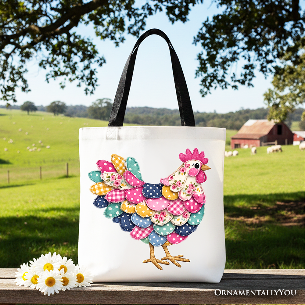 Floral Chicken Printed Farmhouse Faux Patchwork Canvas Tote Bag Reusable