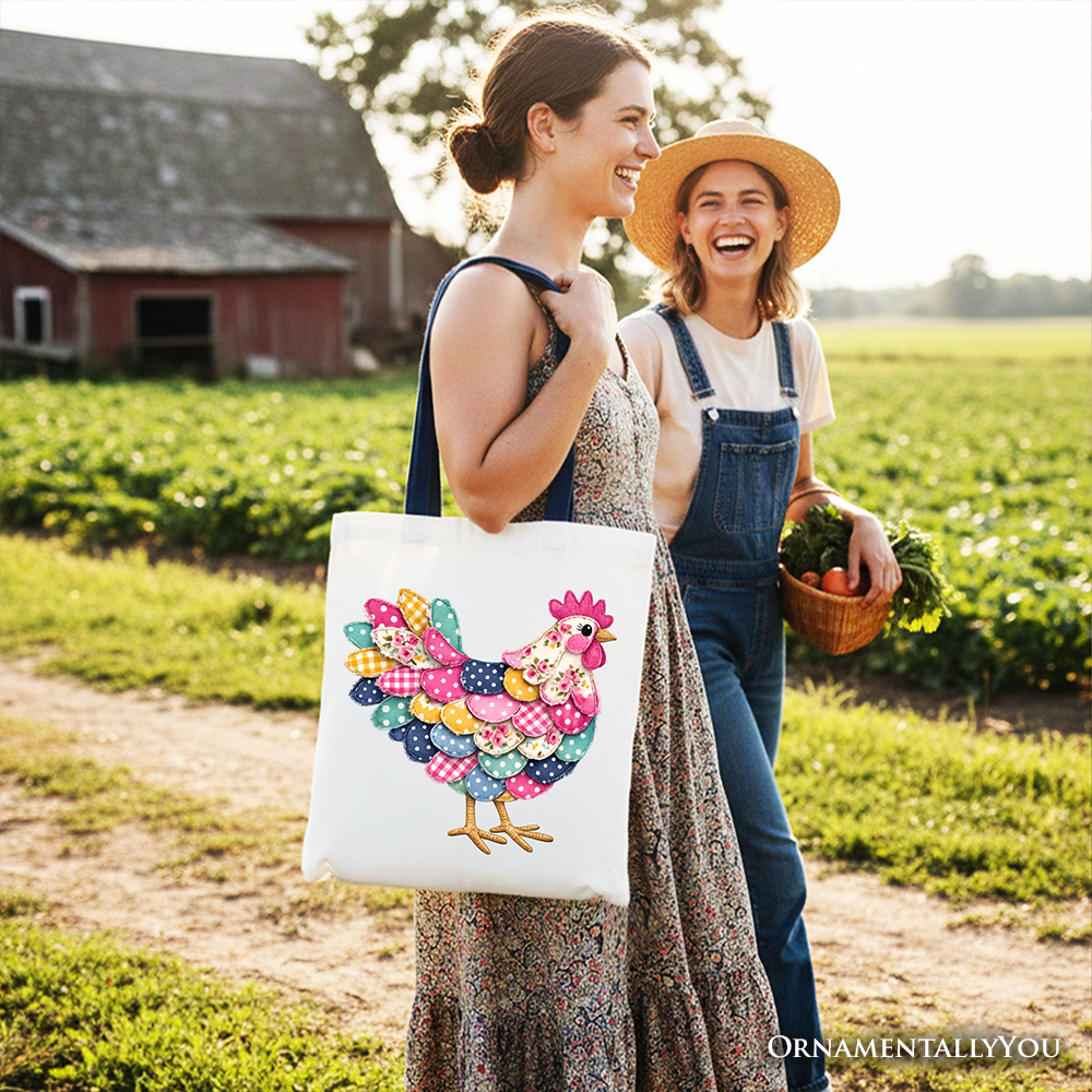 Floral Chicken Printed Farmhouse Faux Patchwork Canvas Tote Bag Reusable
