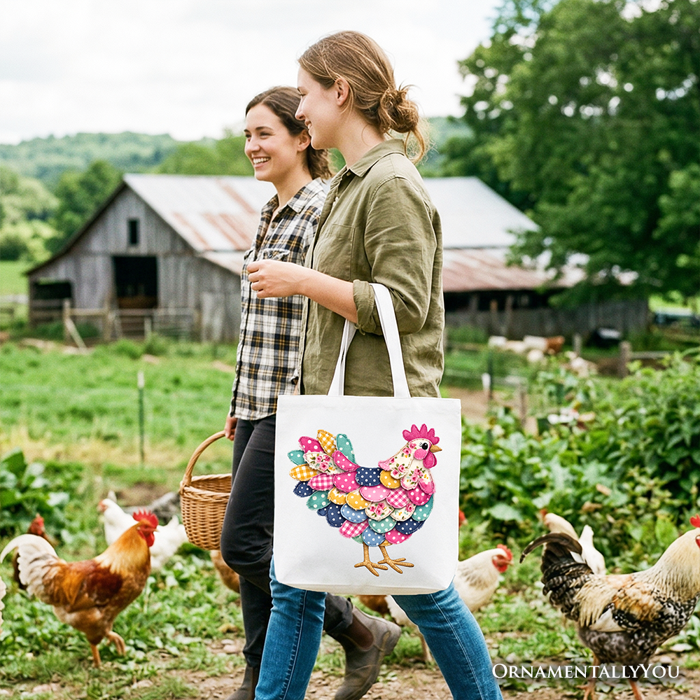 Floral Chicken Printed Farmhouse Faux Patchwork Canvas Tote Bag Reusable