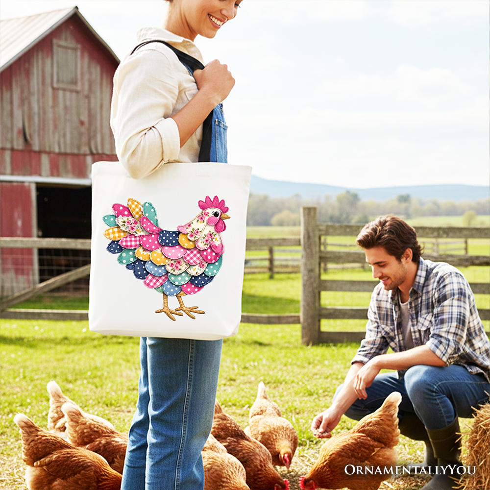 Floral Chicken Printed Farmhouse Faux Patchwork Canvas Tote Bag Reusable