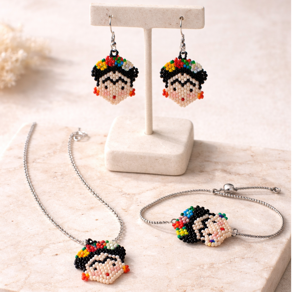 Frida Kahlo Seed Bead Artistic Earrings - Guatemala