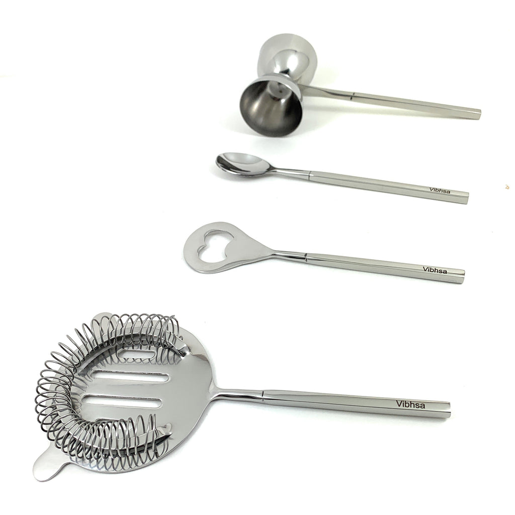 Vibhsa Bar Tools Accessories & Bartending Kit set of 4 for Home Bar (Silver)
