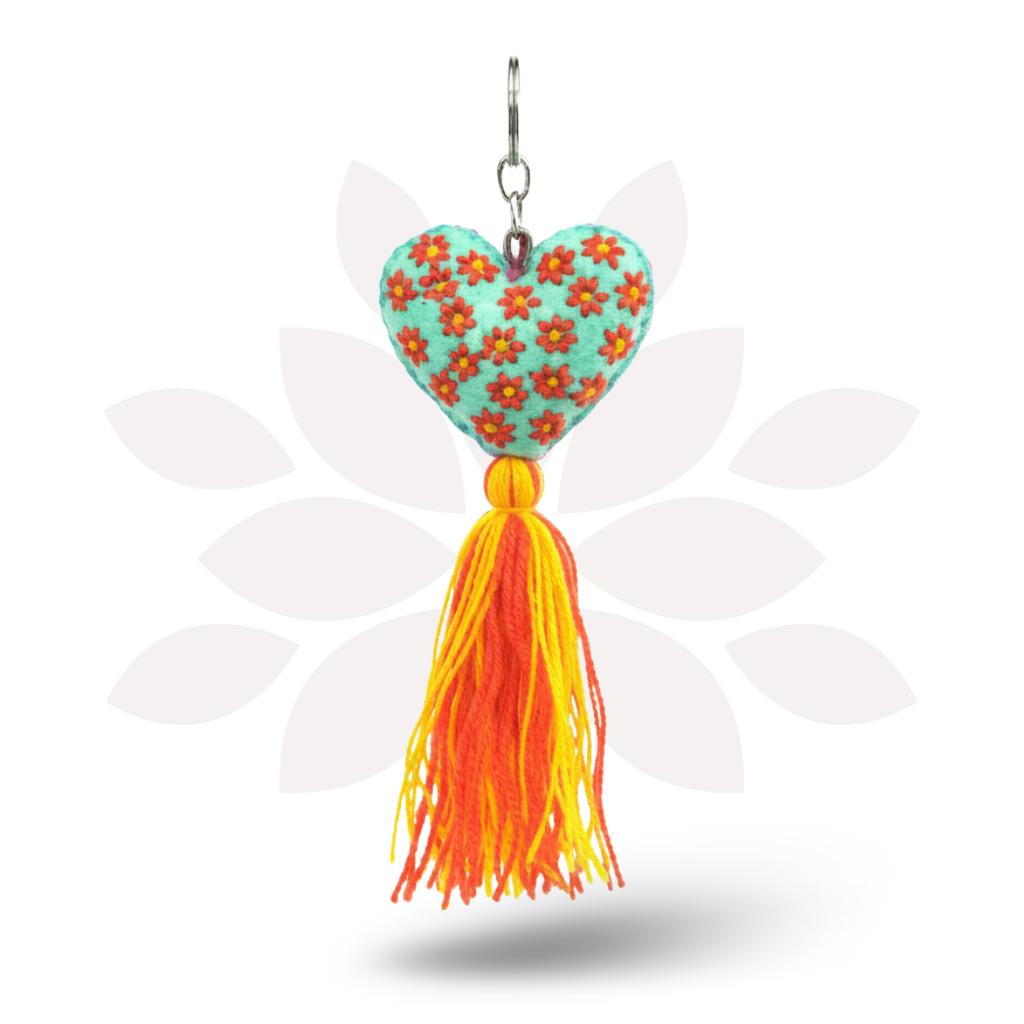 Embroidered Love Heart Tassel Keychain - Mexico