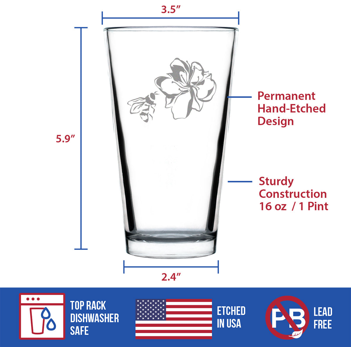Bee Flower - Cute Gifts for Bumblebee & Nature Lovers - 16 Ounce Pint Glass