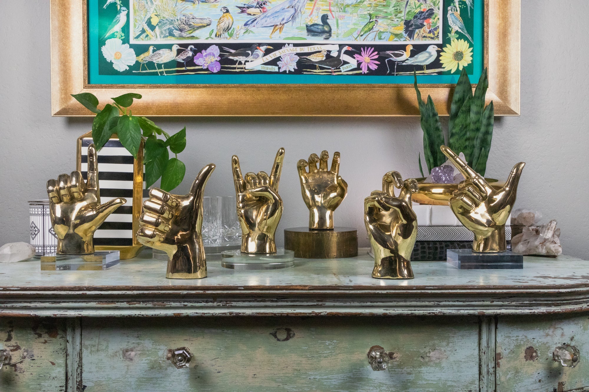 Horns Up or Rock On Hand Sign Sculpture in Brass Graduation Gift