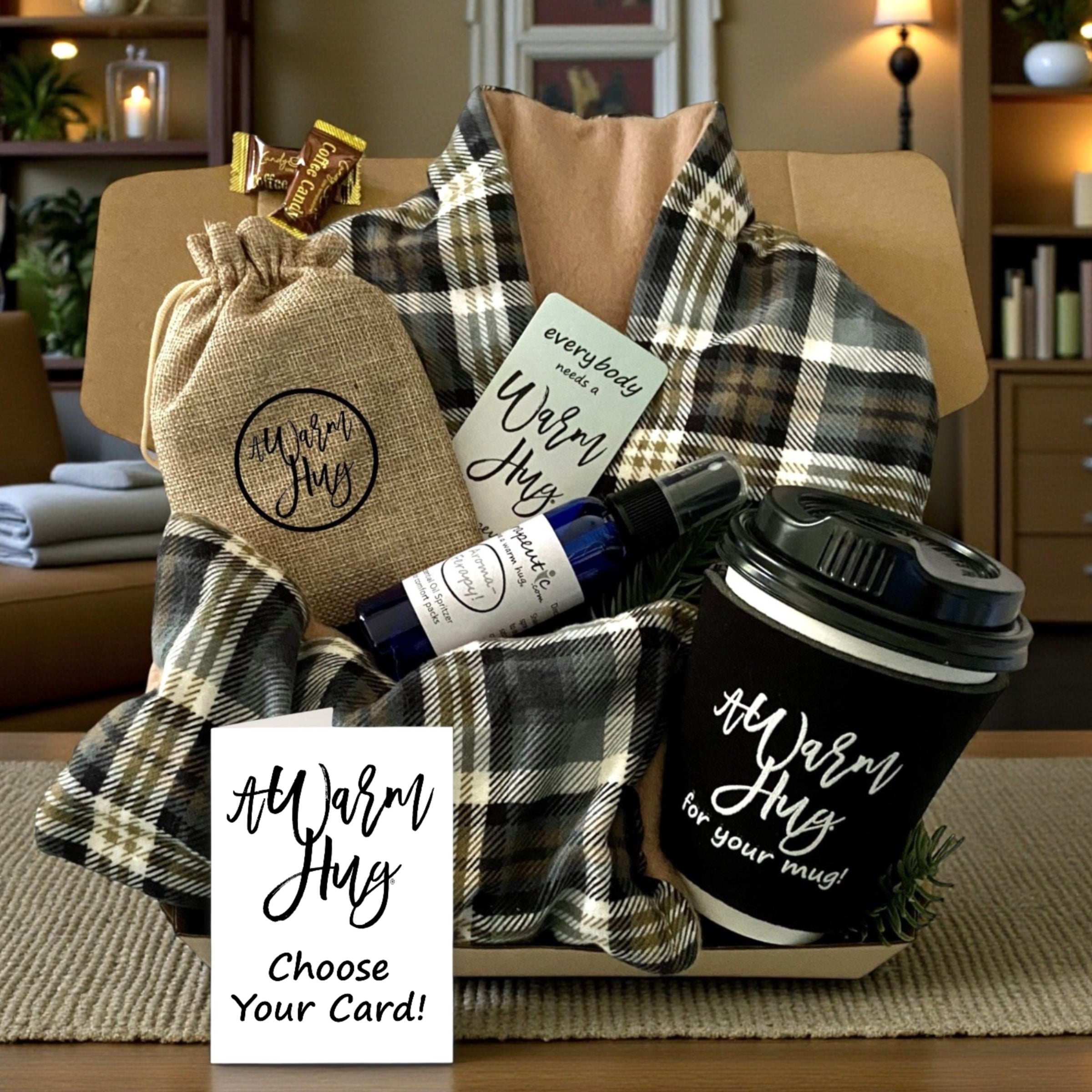 Warm Hug Gift Box for Men Women:  Microwave Heat Packs for Get Well, Birthday, Retirement, Any Time, Tan Plaid
