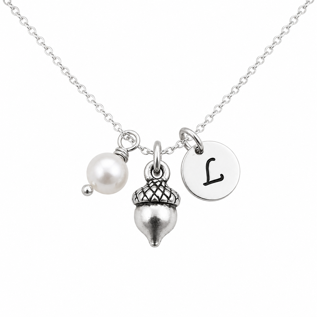 Tiny Acorn Necklace – Sterling Silver with Birthstone & Initial Charm