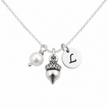 Tiny Acorn Necklace – Sterling Silver with Birthstone & Initial Charm