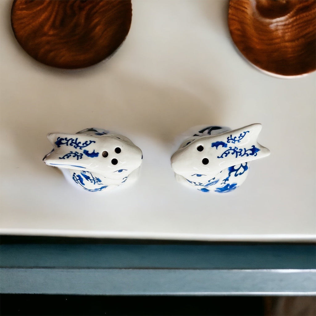 Blue Bunny Porcelain Salt and Pepper Shakers Hand-Painted Easter Spring Decor