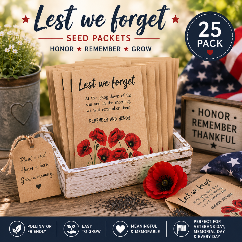 25 Memorial Seed Packets | Lest We Forget Favors | Veterans Day Gifts