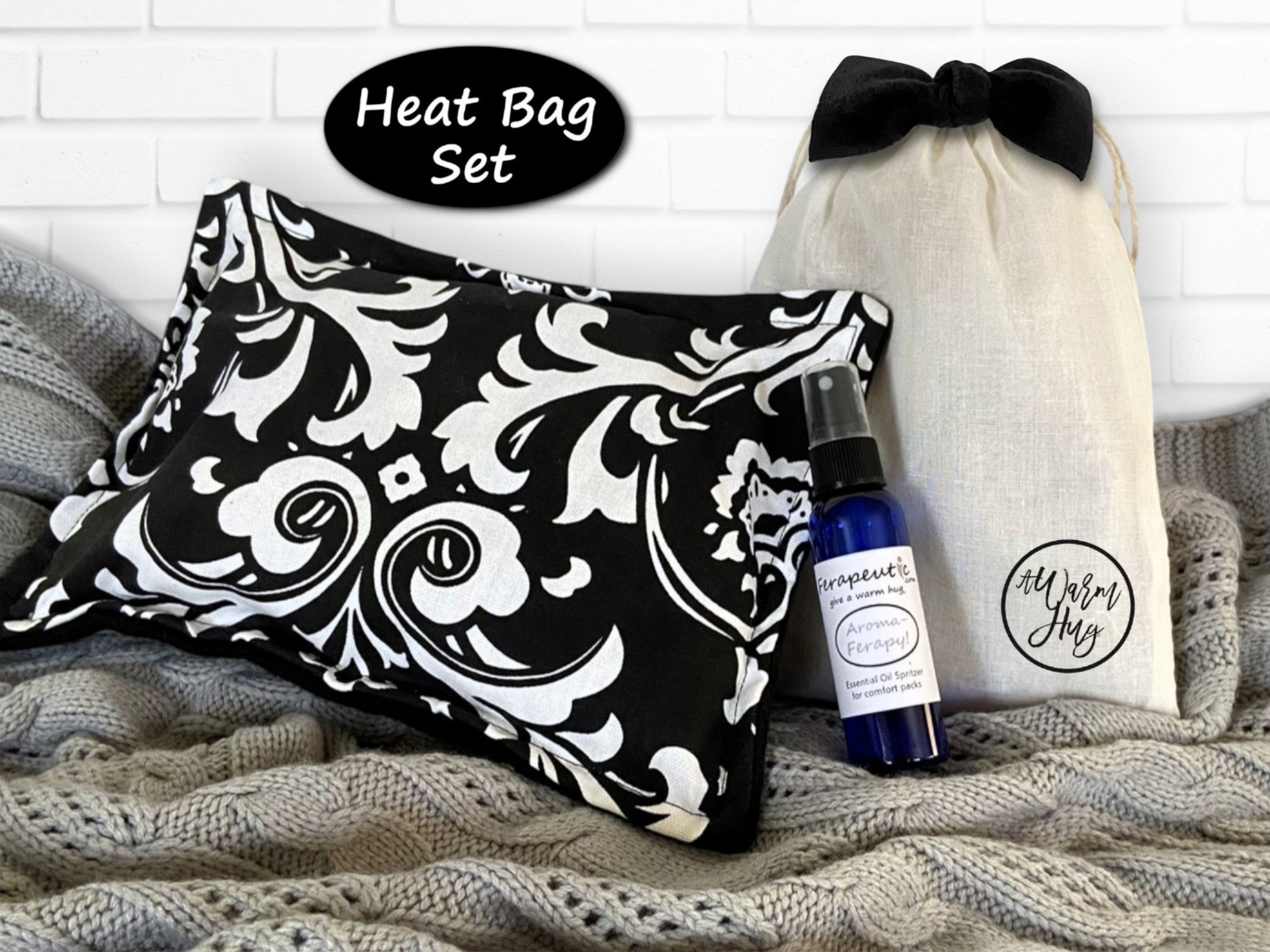 Sending A Warm Hug, Care Package with Heat Up Packs for Any Occasion or Holiday, Black and White Fabric