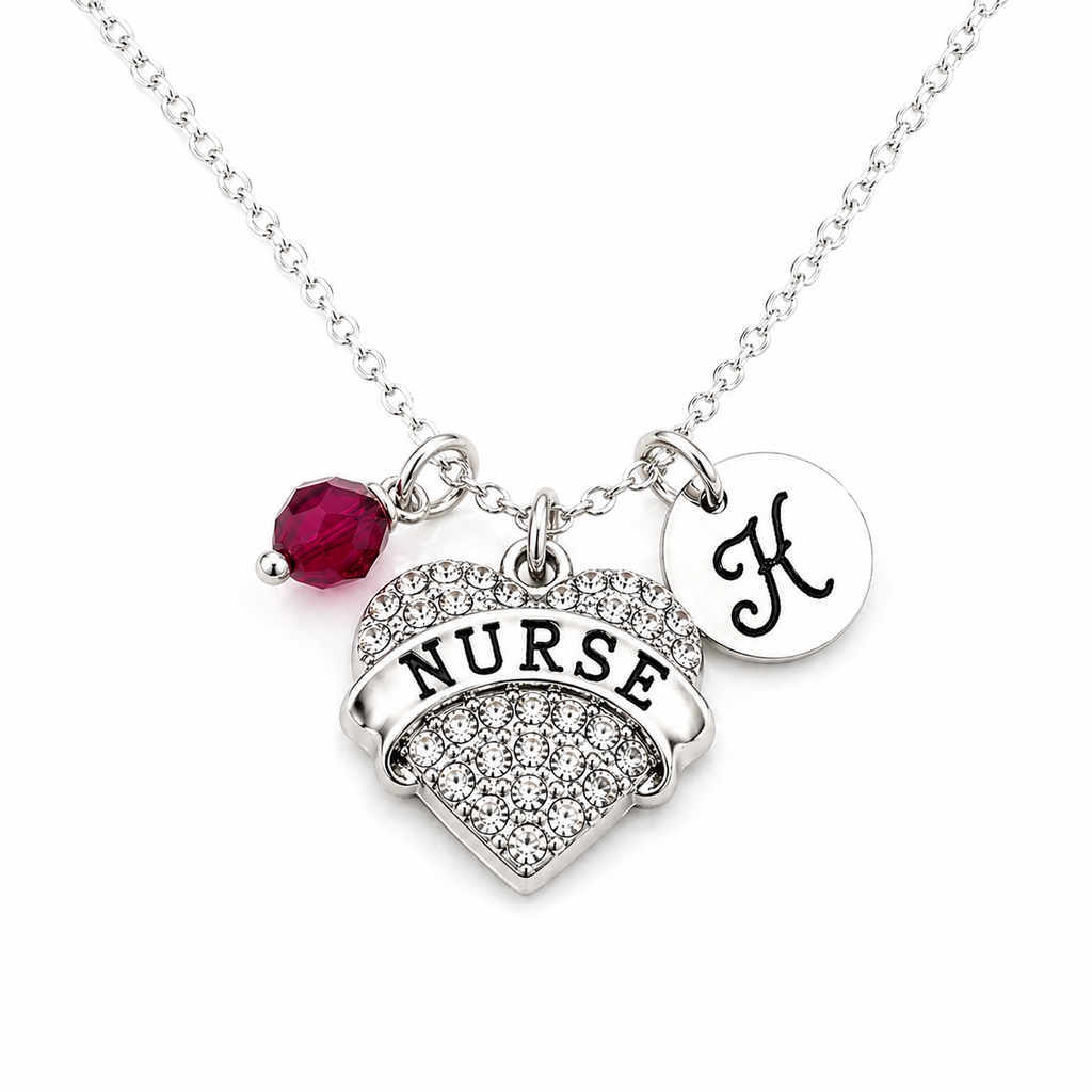 Sparkly Nurse Necklace with Birthstone Crystal & Initial Charm – Sterling Silver 18" Chain – Personalized Nurse Gift