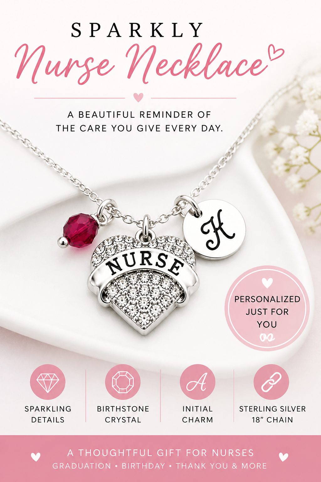 Sparkly Nurse Necklace with Birthstone Crystal & Initial Charm – Sterling Silver 18" Chain – Personalized Nurse Gift