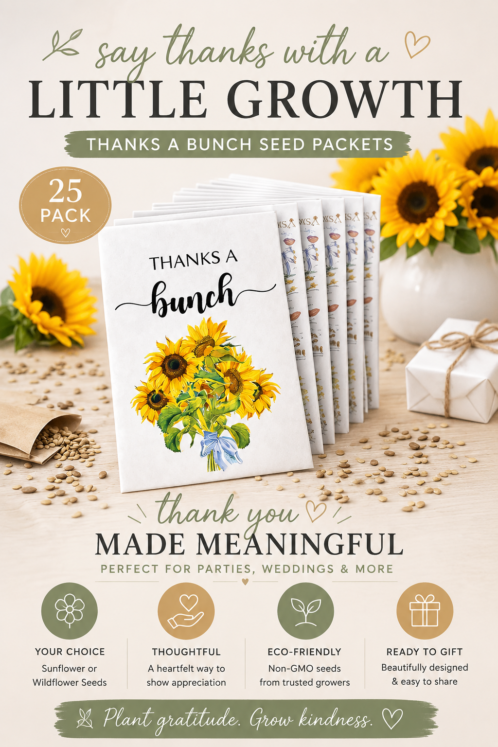 Thanks a Bunch Seed Packets – 25 Pack | Sunflower or Wildflower Seeds