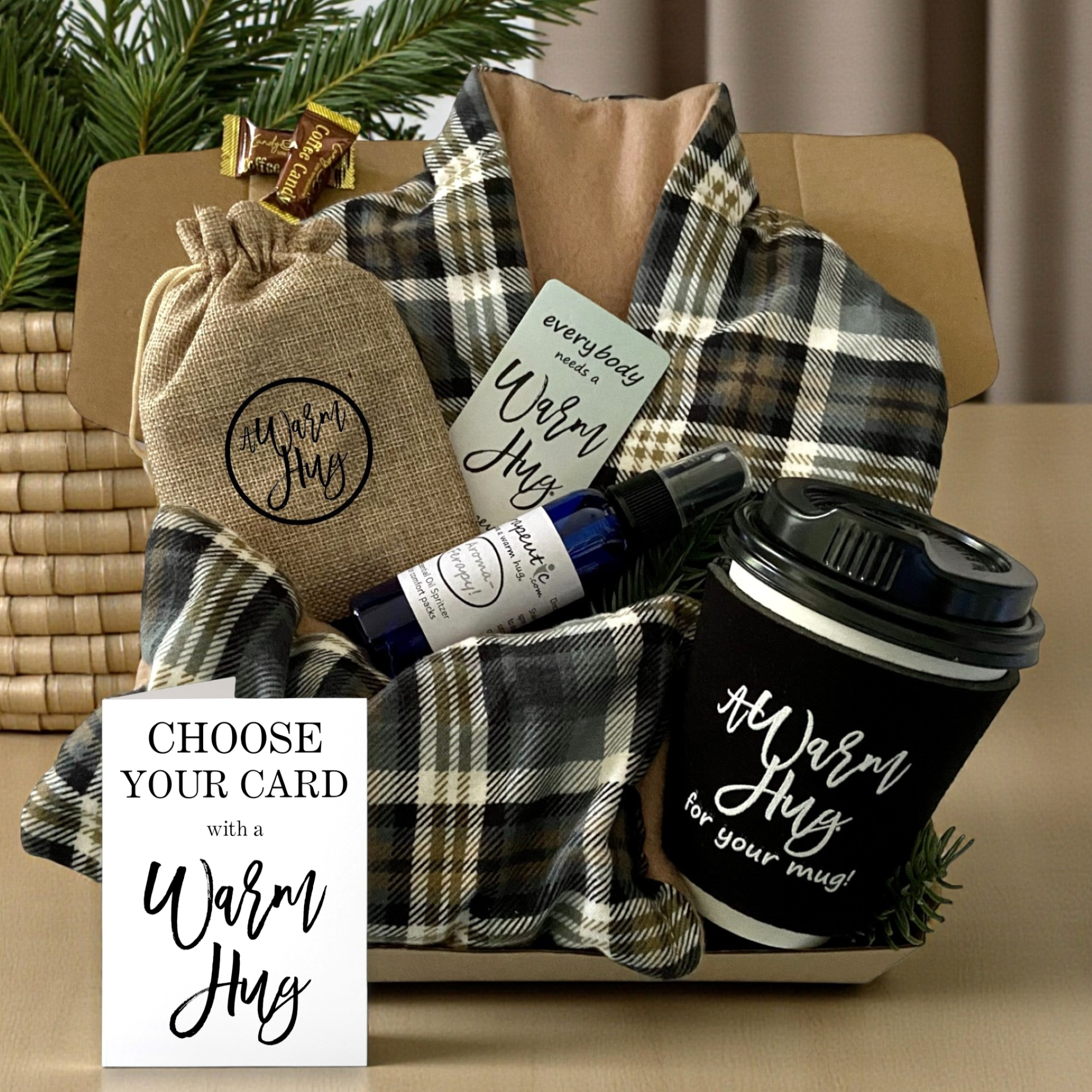 Warm Hug Gift Box for Men Women:  Microwave Heat Packs for Get Well, Birthday, Retirement, Any Time, Tan Plaid