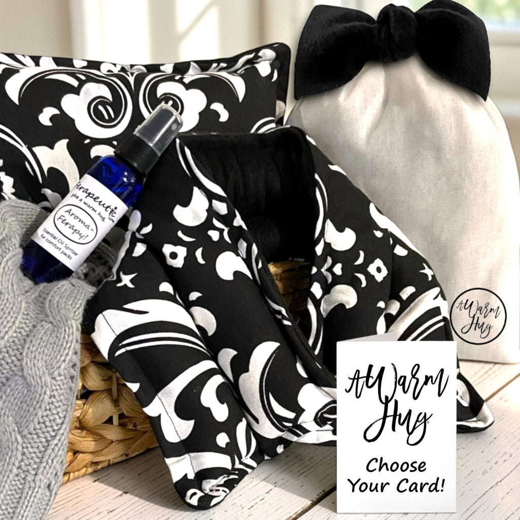 Sending A Warm Hug, Care Package with Heat Up Packs for Any Occasion or Holiday, Black and White Fabric